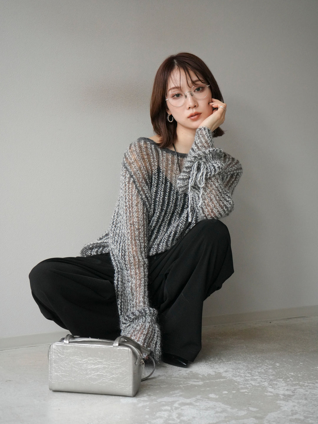 [予約]ストライプメッシュニットプルオーバー/グレー