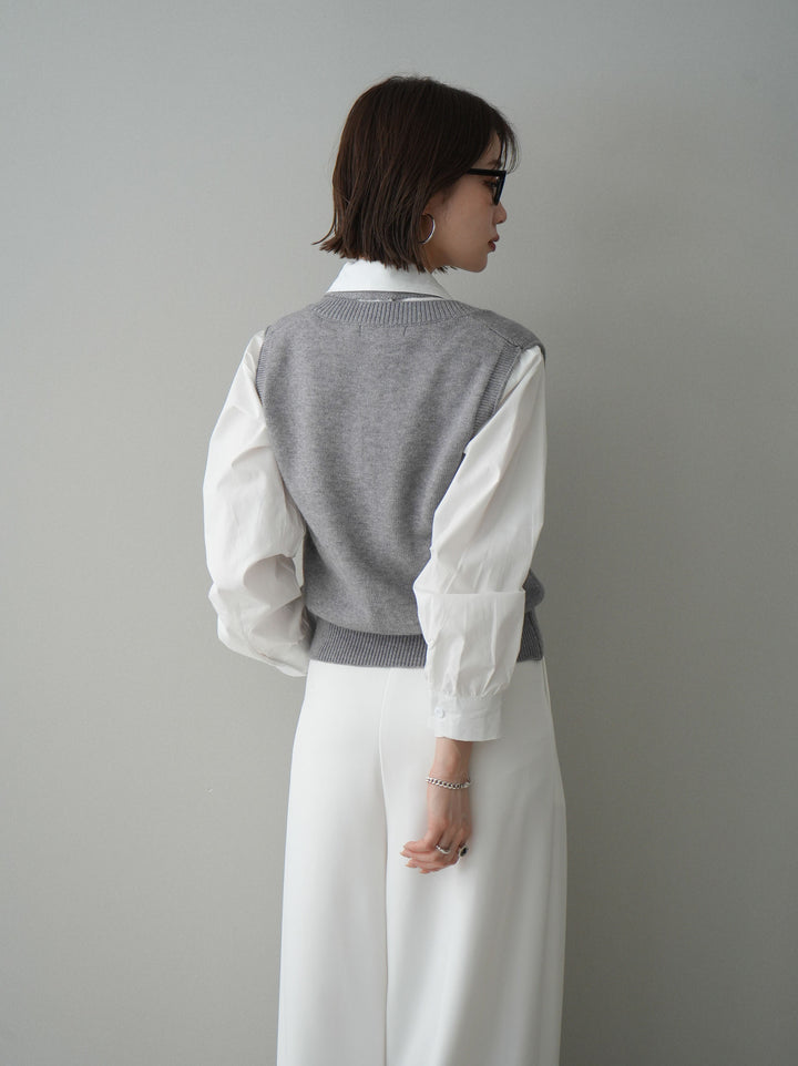 [予約]ボウタイ付ニットベストアンサンブルシャツ/white