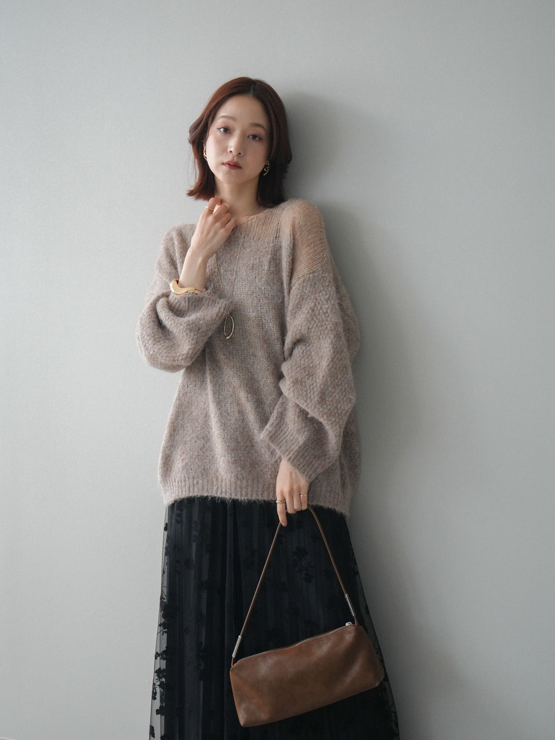 [SET]透かしデザインニットプルオーバー+フラワーフロッキーチュールプリーツスカート(2set)