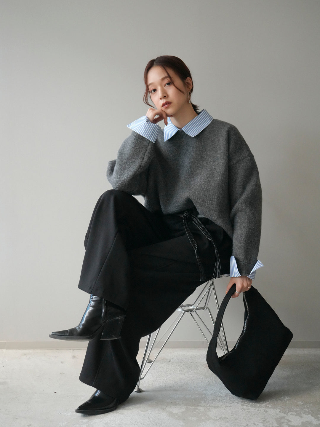 [SET]2WAYストライプ襟ニットプルオーバー+選べるアクセセット(2set)