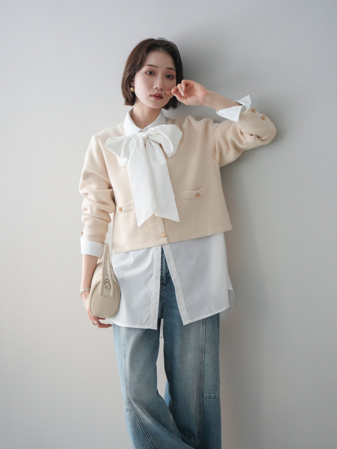 [予約]ゴールドボタンノーカラーニットジャケット/ivory