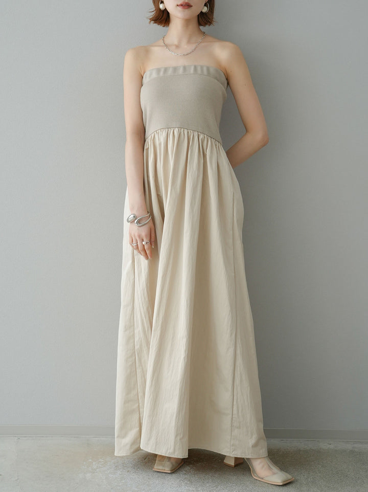 [預訂] 針織 x 塔夫綢小熊洋裝/米色