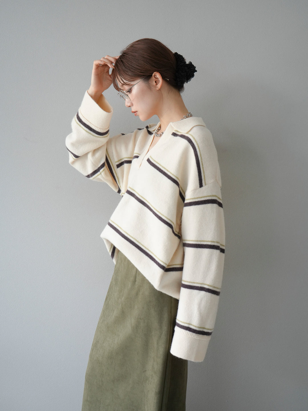 [予約]ポロ襟スキッパーボーダーニットプルオーバー/アイボリー