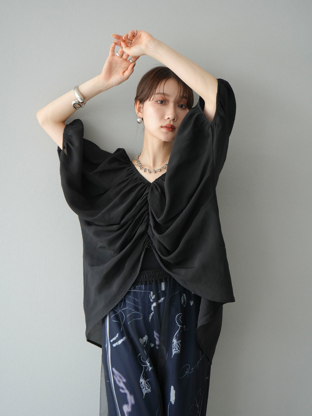 [SET]ボリュームスリーブシアータックブラウス+コード刺繍チュールレイヤードパンツ(2set)