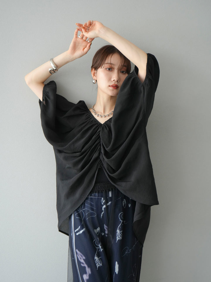 [SET]ボリュームスリーブシアータックブラウス+コード刺繍チュールレイヤードパンツ(2set)