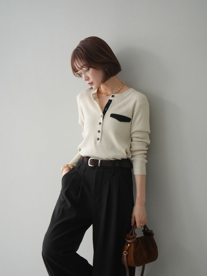 [SET]バイカラーデザインポケット配色ヘンリーネックニットソー+アニマル柄ベルト付きウールタッチワイドパンツ(2set)