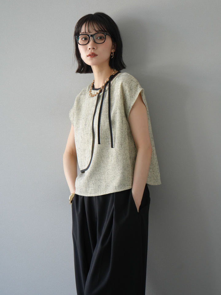 [SET]サマーツイードケープデザインプルオーバー+クレープシフォンタックワイドパンツ(2set)