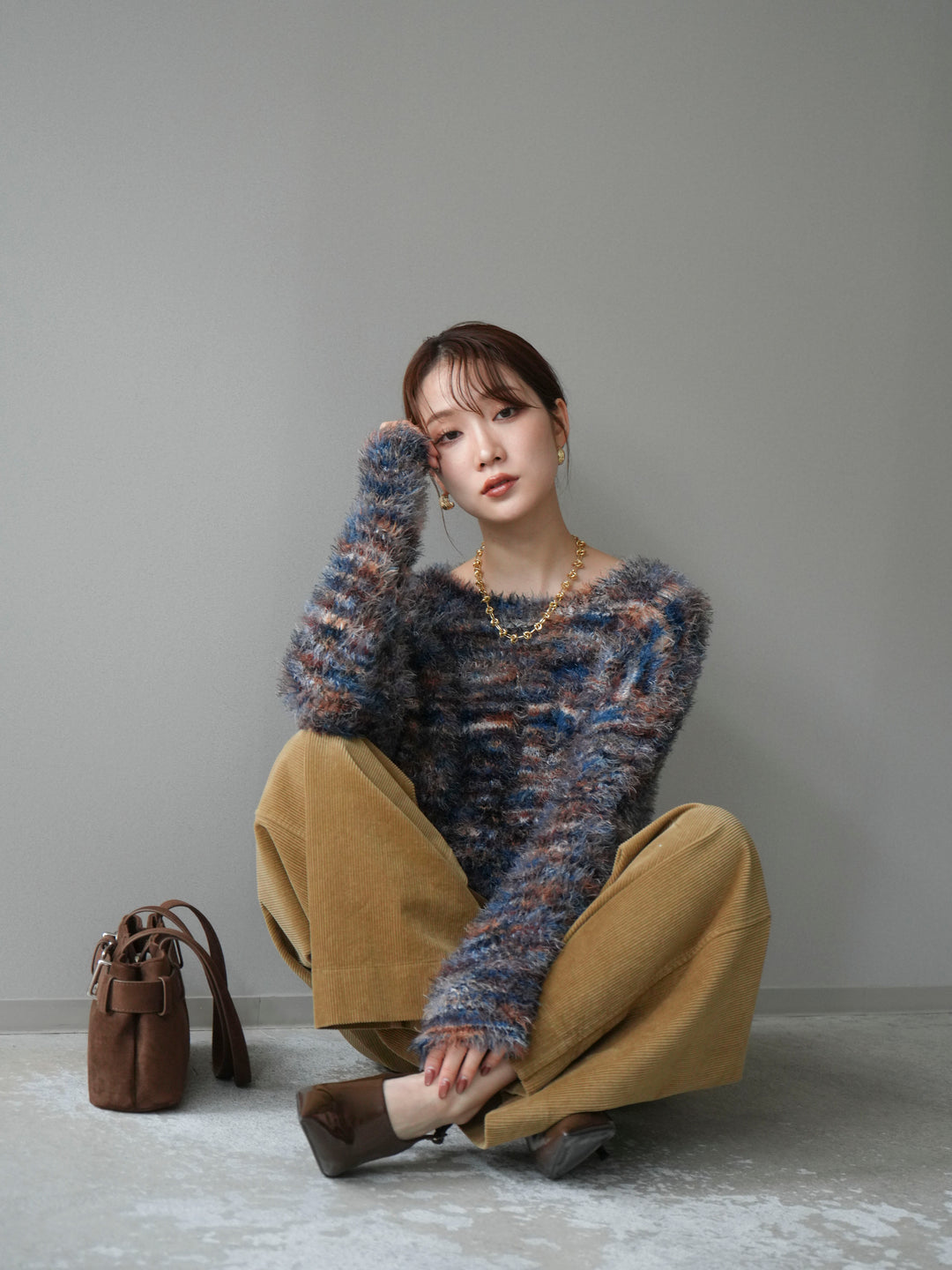 [予約]ミックスシャギールーズニットプルオーバー/blue