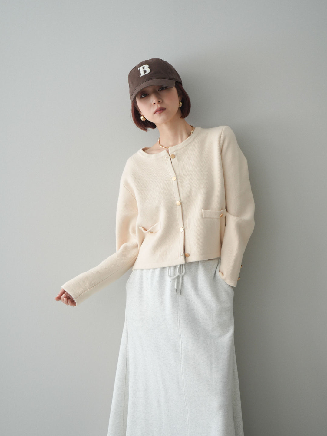 [SET]ゴールドボタンノーカラーニットジャケット+ゴールドボタンノーカラーニットジャケット(2set)