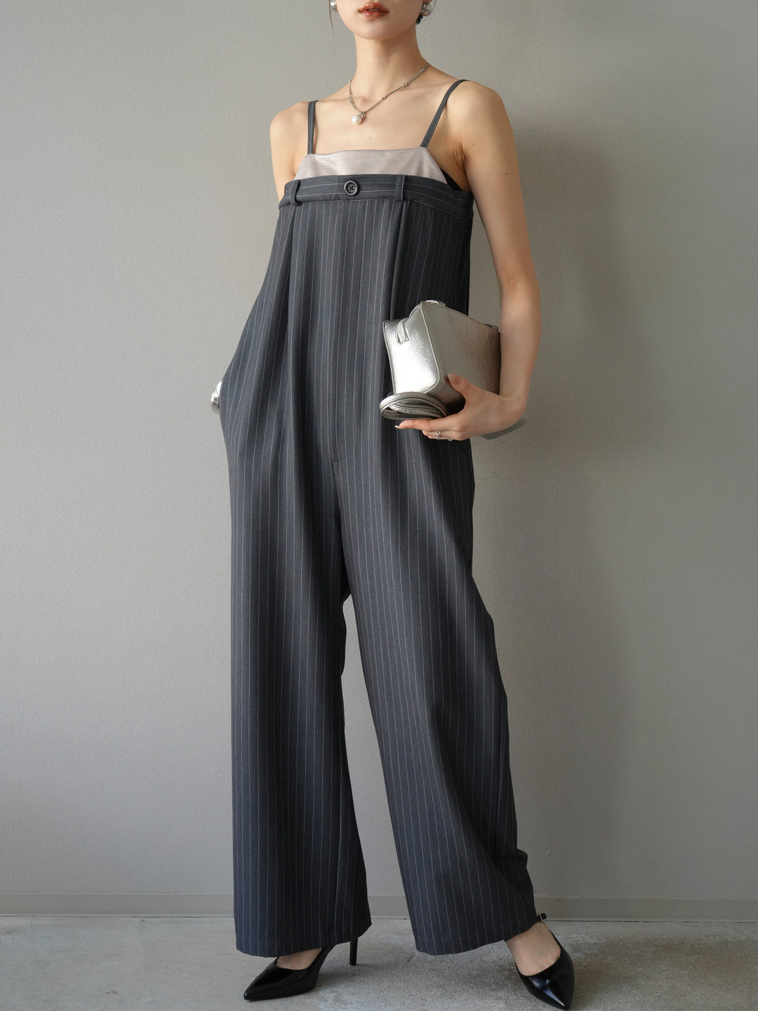 [予約]サテン切替ピンストライプサロペット/グレー