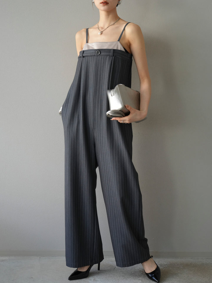 [予約]サテン切替ピンストライプサロペット/グレー