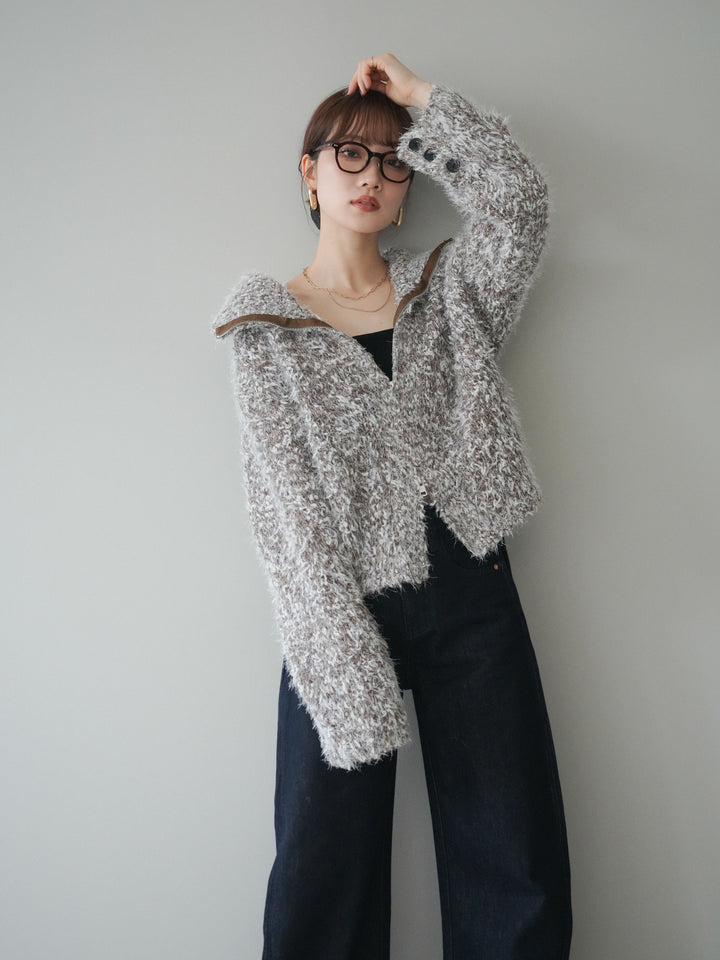 [予約]ミックスシャギージップニットカーディガン/brown