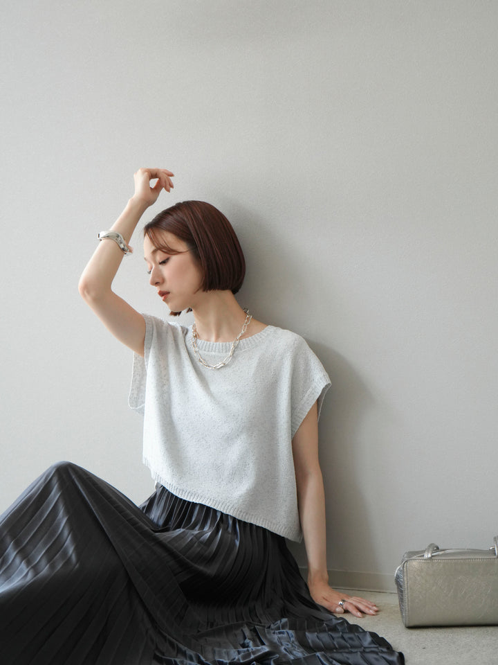 [SET]ネップヤーンクロップドニットベスト+サテンプリーツマキシスカート(2set)