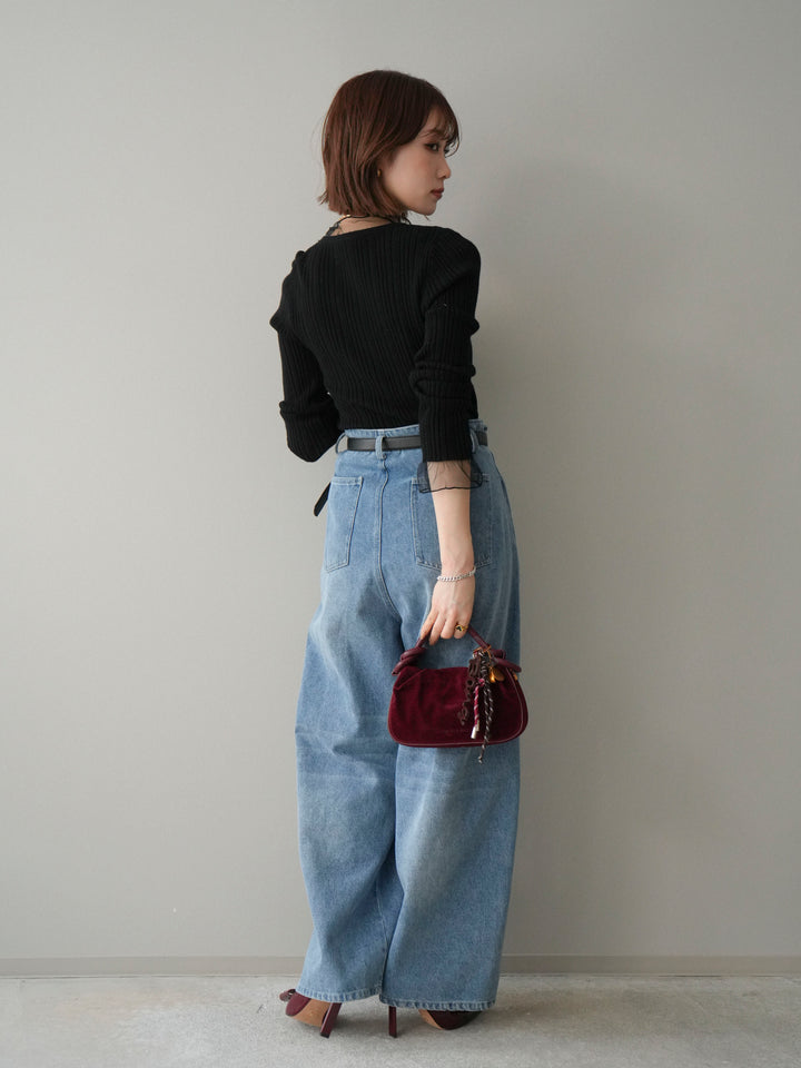 [SET]チュールドッキングリブニットトップス+ハイウエストベルトループデザインデニムパンツ(2set)