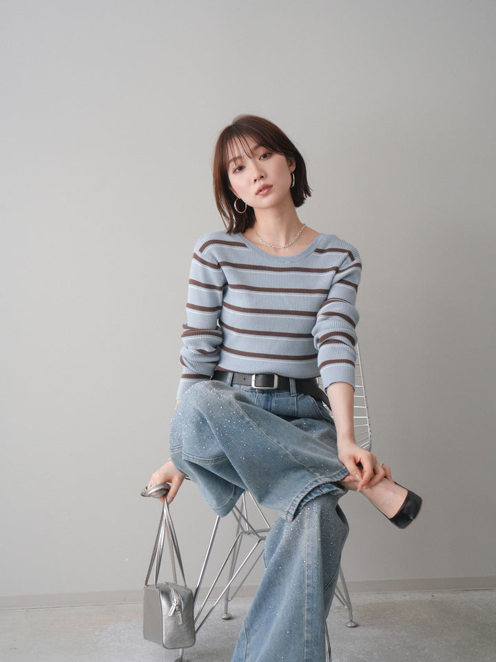 [予約]バックオープンテレコリブマルチボーダートップス/blue