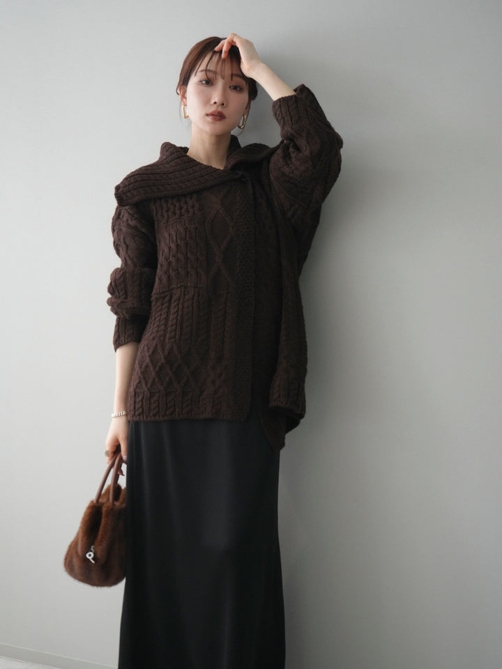 [予約]ケーブル編みデザインニットカーディガン/brown