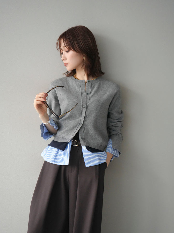 [SET]シャツ襟レイヤードニットカーディガン+ベルトループデザインワイドパンツ(2set)