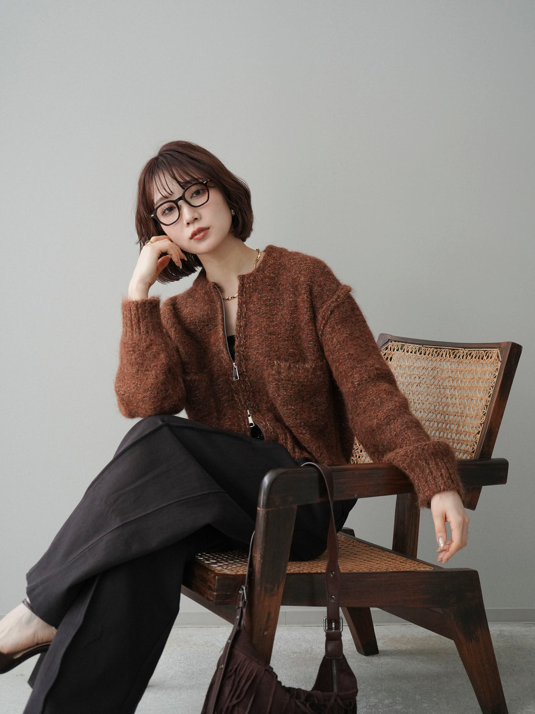 [予約]ミックスヤーンダブルZIPニットカーディガン/brown