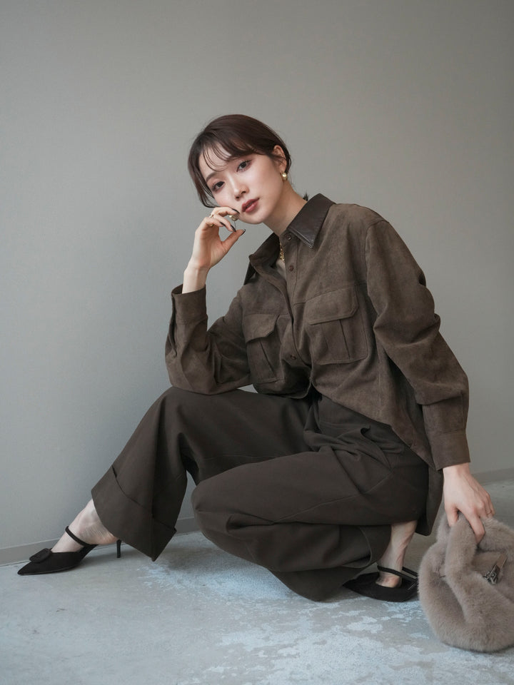 [予約]レザー襟スエードシャツ/khaki