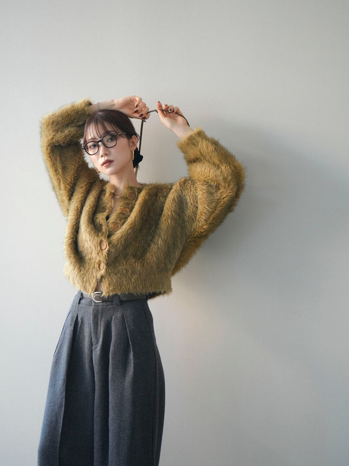 [予約]ミックスシャギーショートニットカーディガン/green