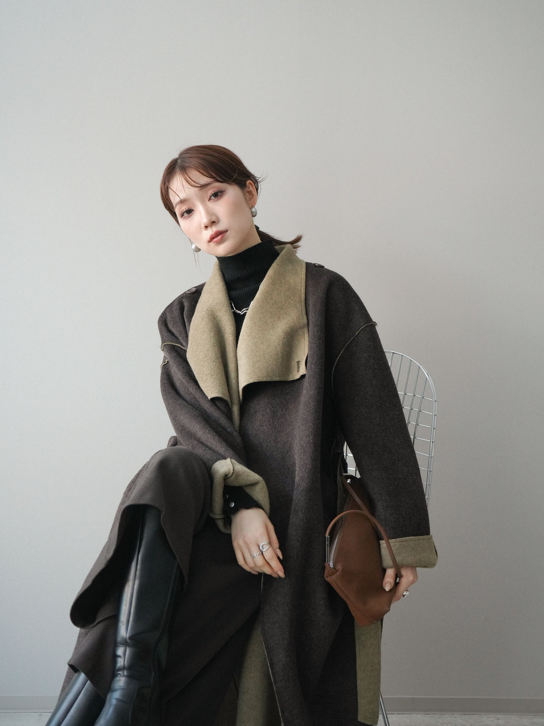 [予約]ダブルフェイスバイカラーロングコート/khaki