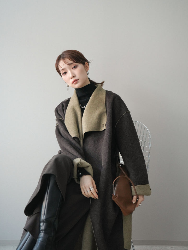 [予約]ダブルフェイスバイカラーロングコート/khaki