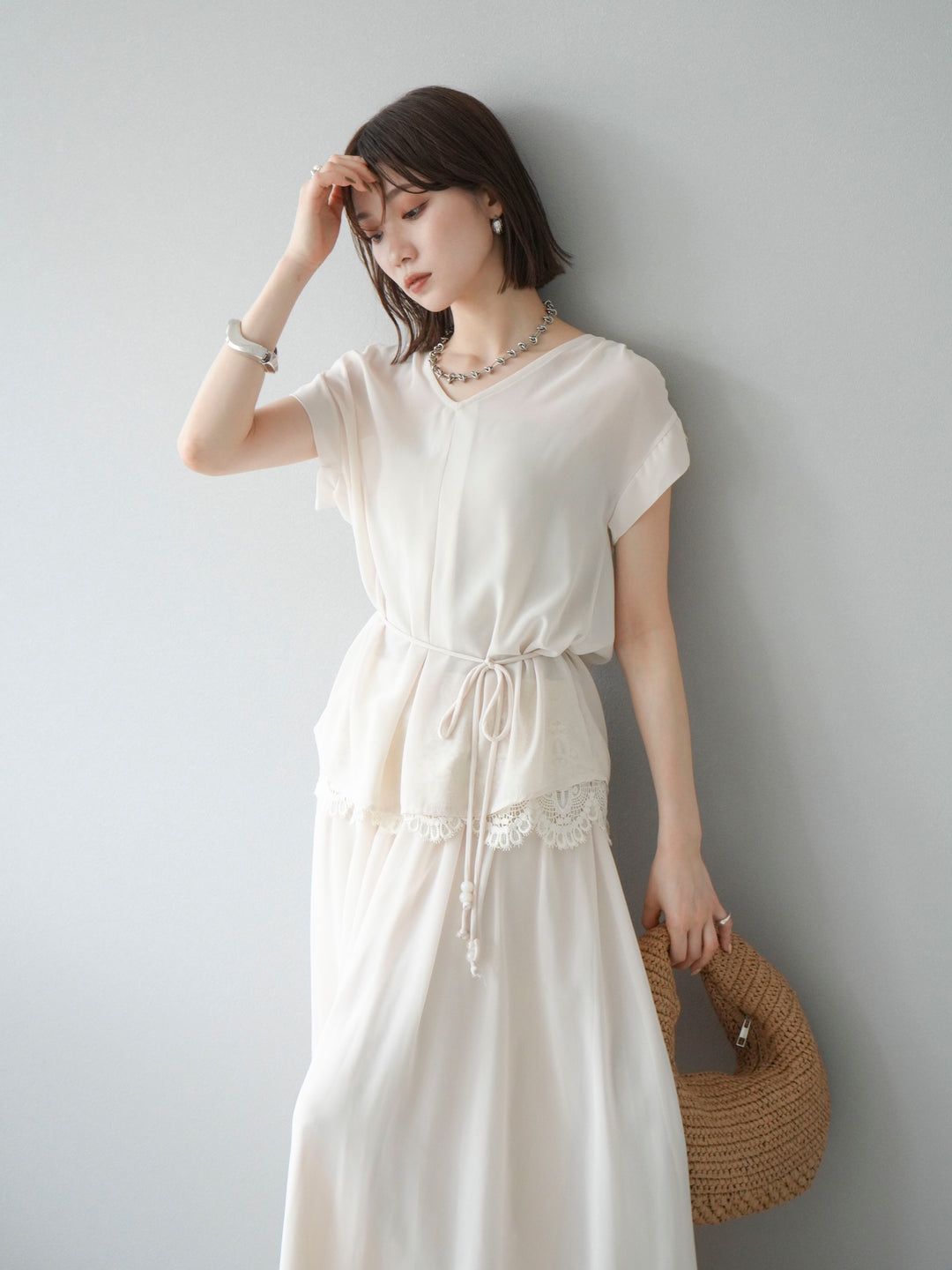 [SET]シフォンブラウス＆レースデザインフレアスカートSET UP(2set)