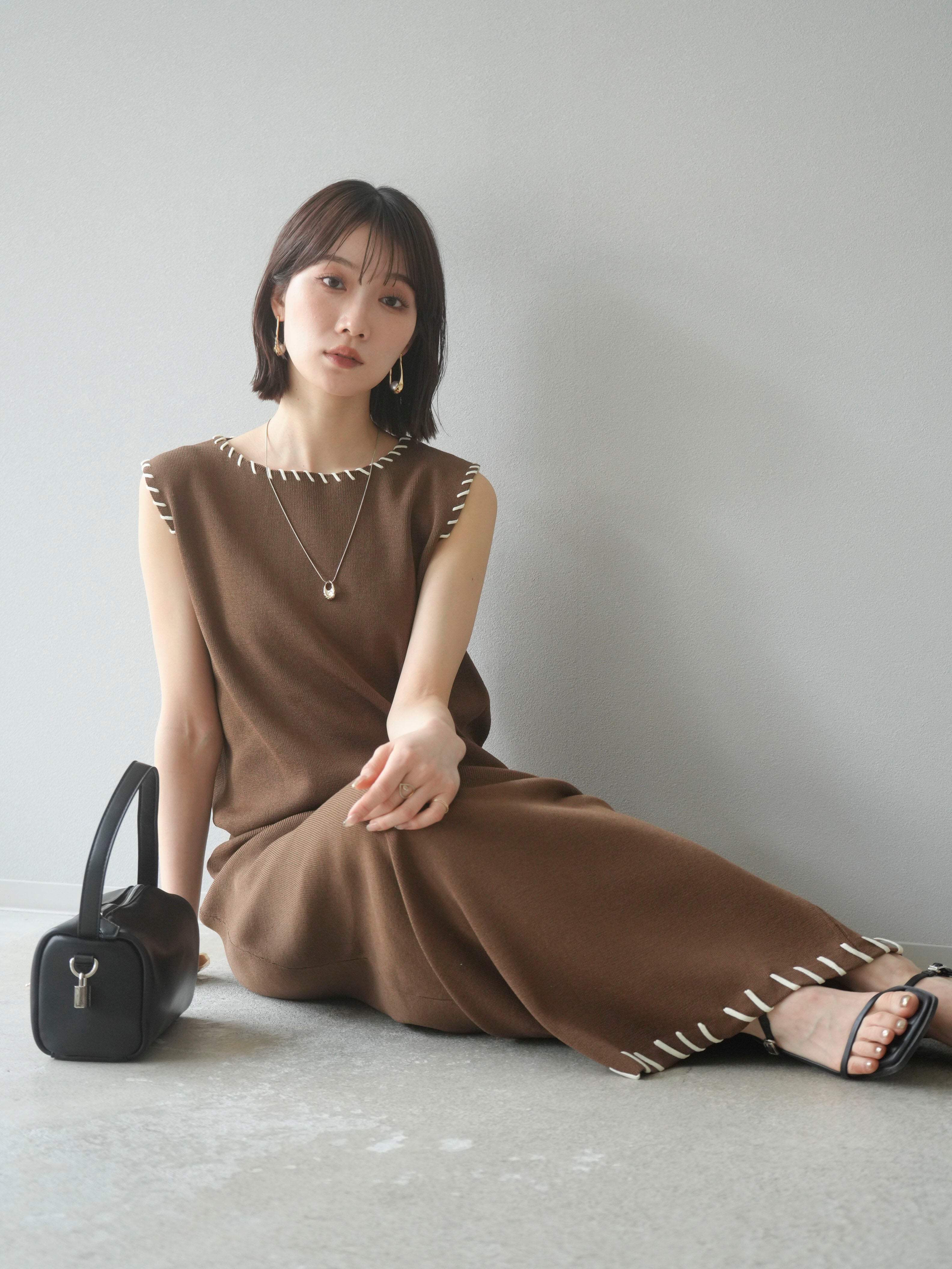 SET]リネンタッチハンドステッチニットプルオーバー+リネン