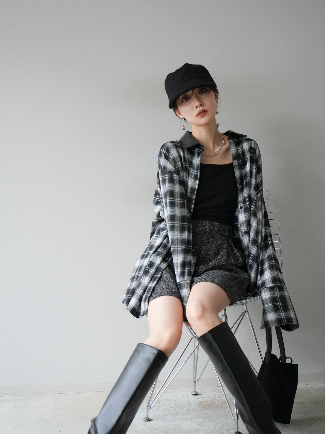 【着回しセット】[SET]レザー襟オンブレチェックオーバーシャツ +クラッシュベロアナロースカート+ツイードハーフパンツ(3set)