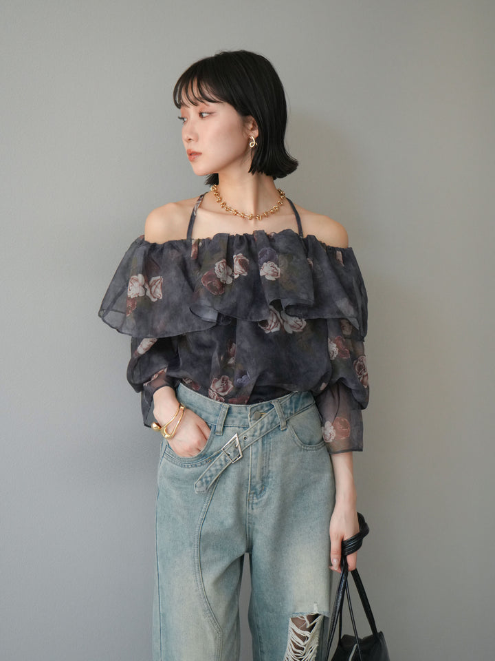【預購】花朵露肩襯衫/藏青色