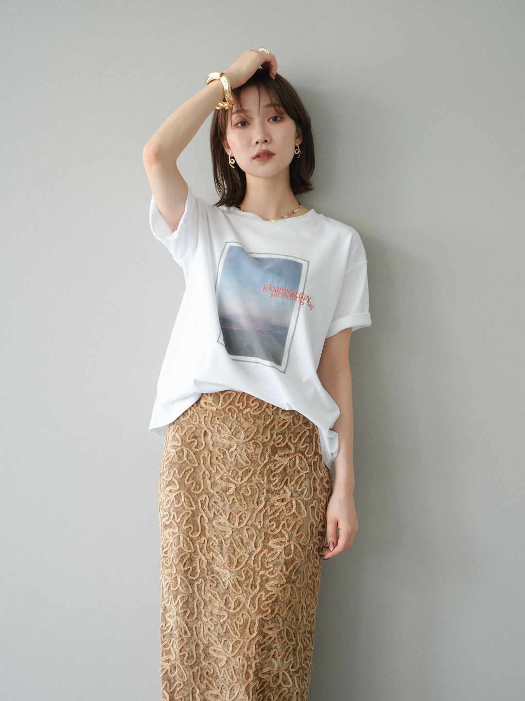 [予約]チュールレイヤードプリントTシャツ/オフ