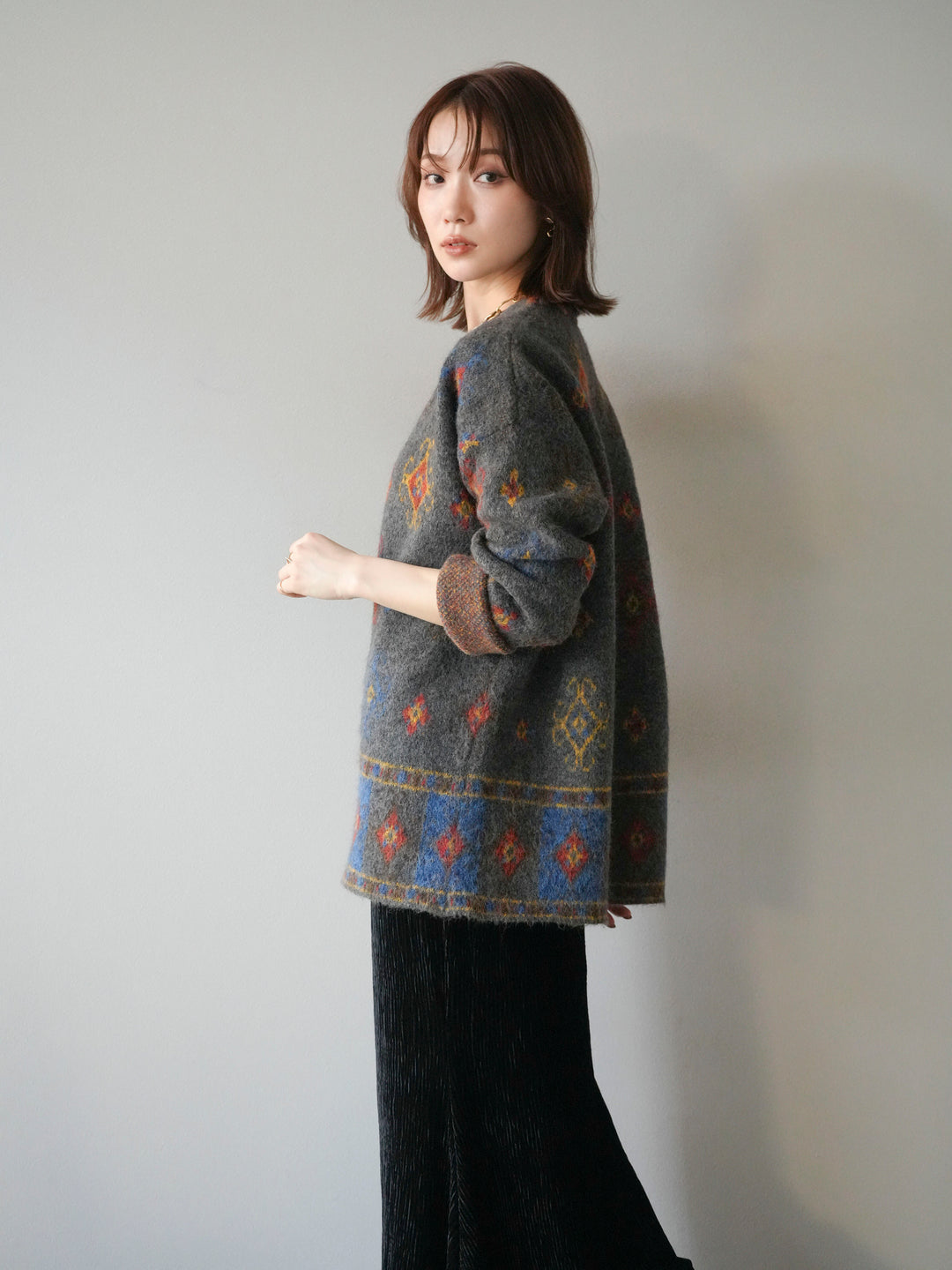 [予約]ヴィンテージ柄オーバーニットプルオーバー/チャコール