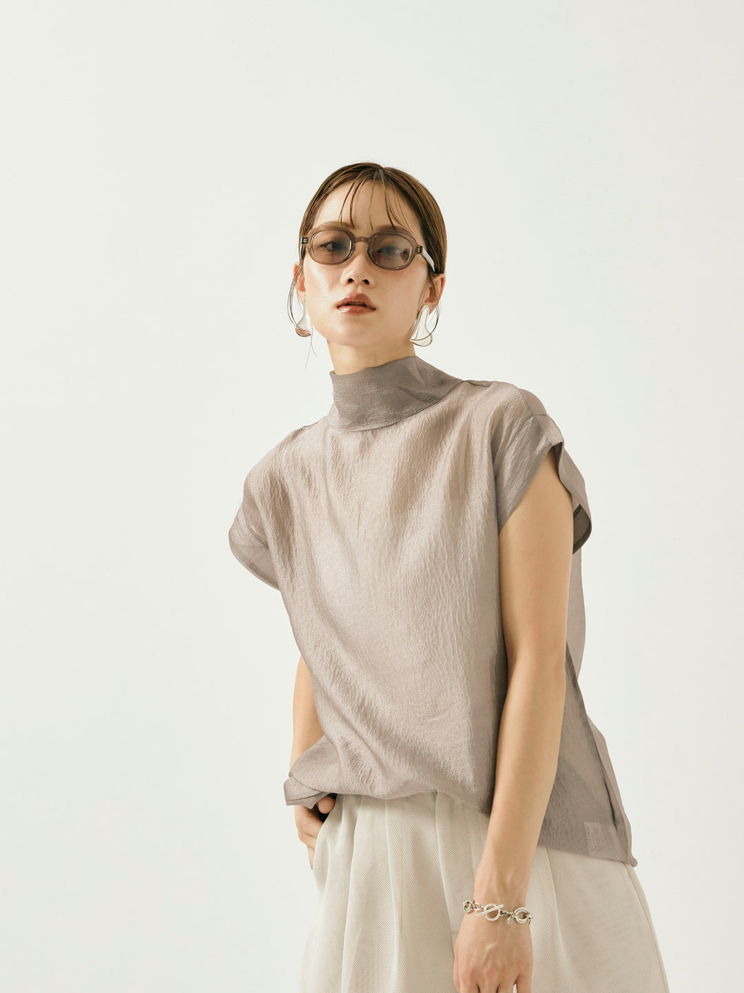 【Allure】[SET]シャイニーシアーブラウス+メッシュタックワイドパンツ(2set)