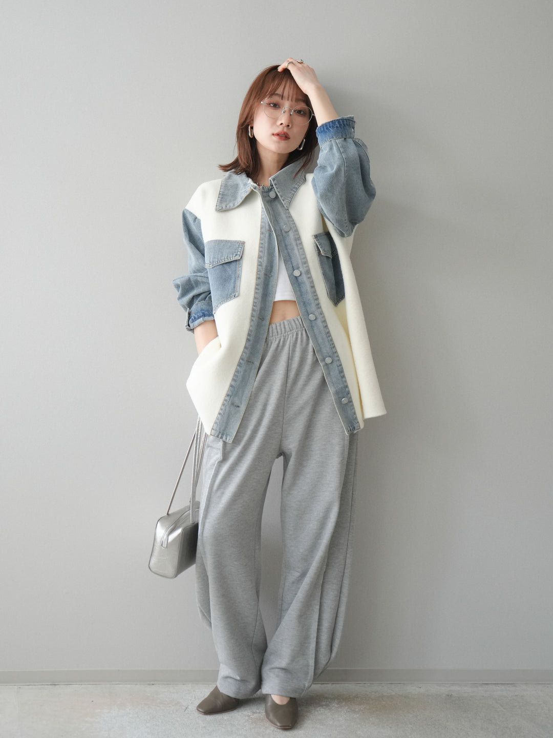 [SET]デニム襟ダブルフェイスニットカーディガン+2WAYデザインスウェットパンツ(2set)