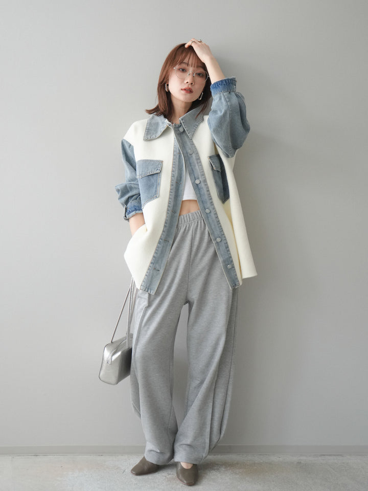 [SET]デニム襟ダブルフェイスニットカーディガン+2WAYデザインスウェットパンツ(2set)