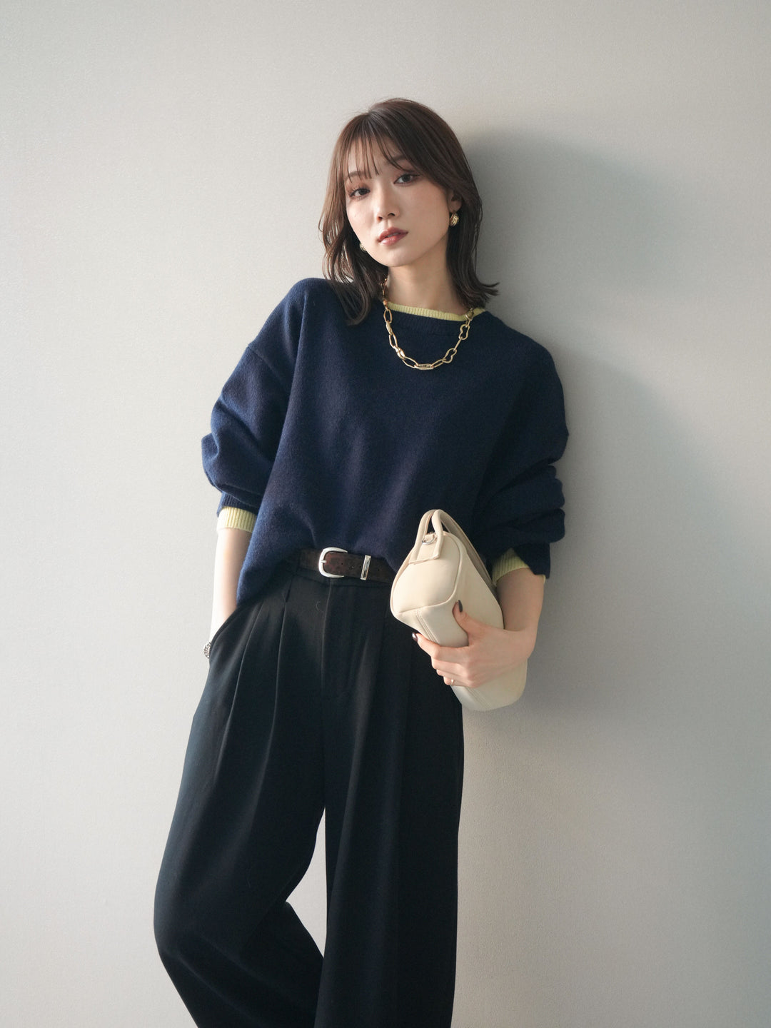 [予約]ヘンリーネック配色レイヤードニットプルオーバー/navy