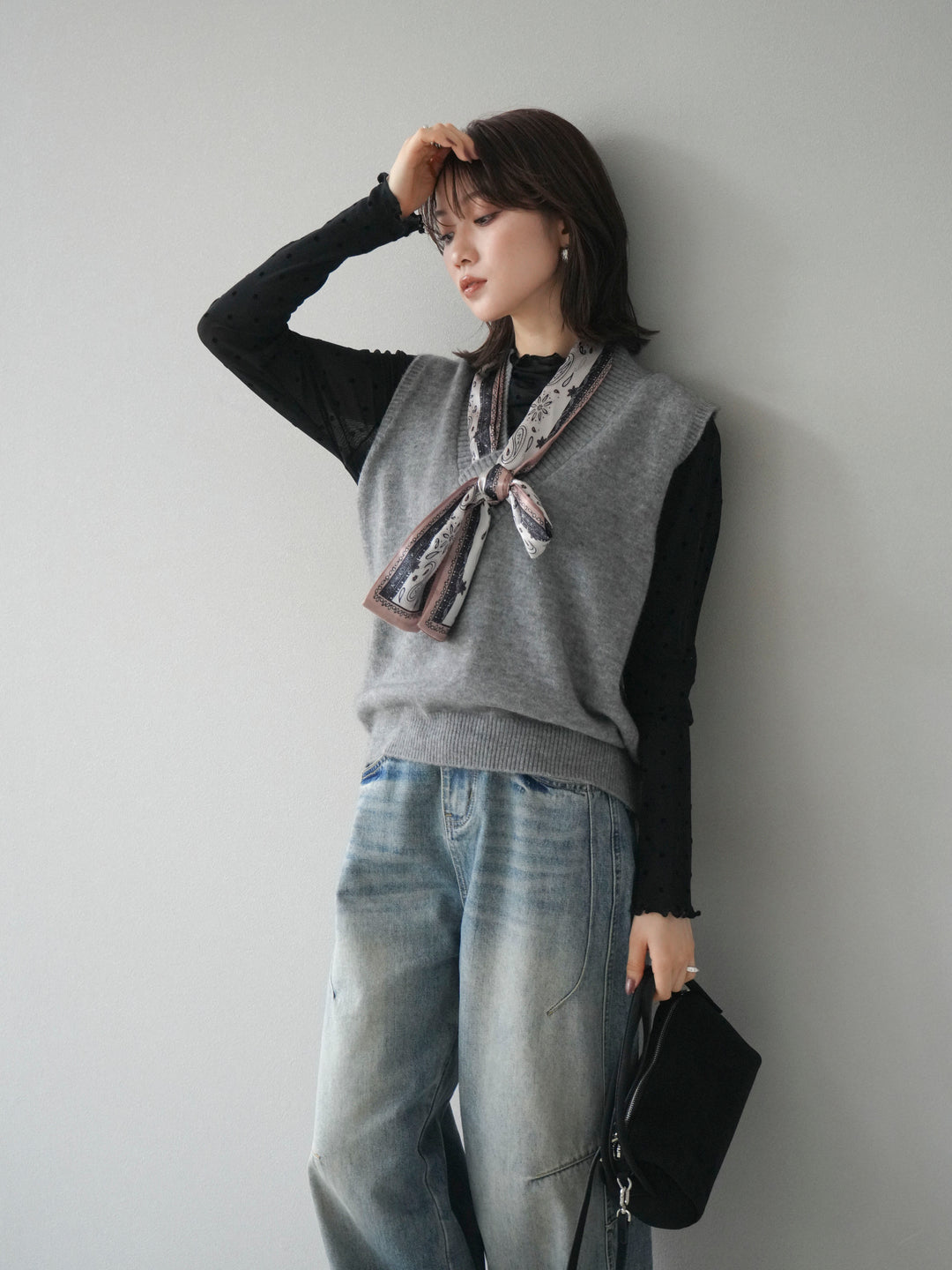 [予約]スカーフ付きニットベスト/gray