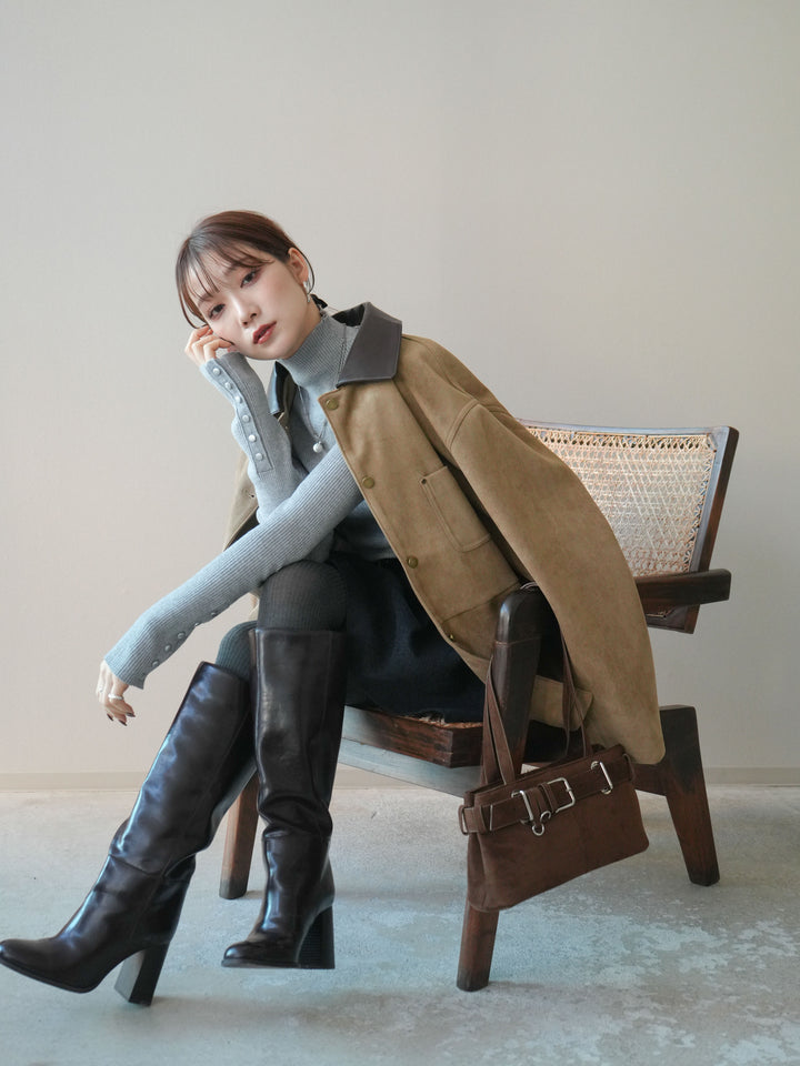 [予約]襟レザーステンカラースエードジャケット/beige