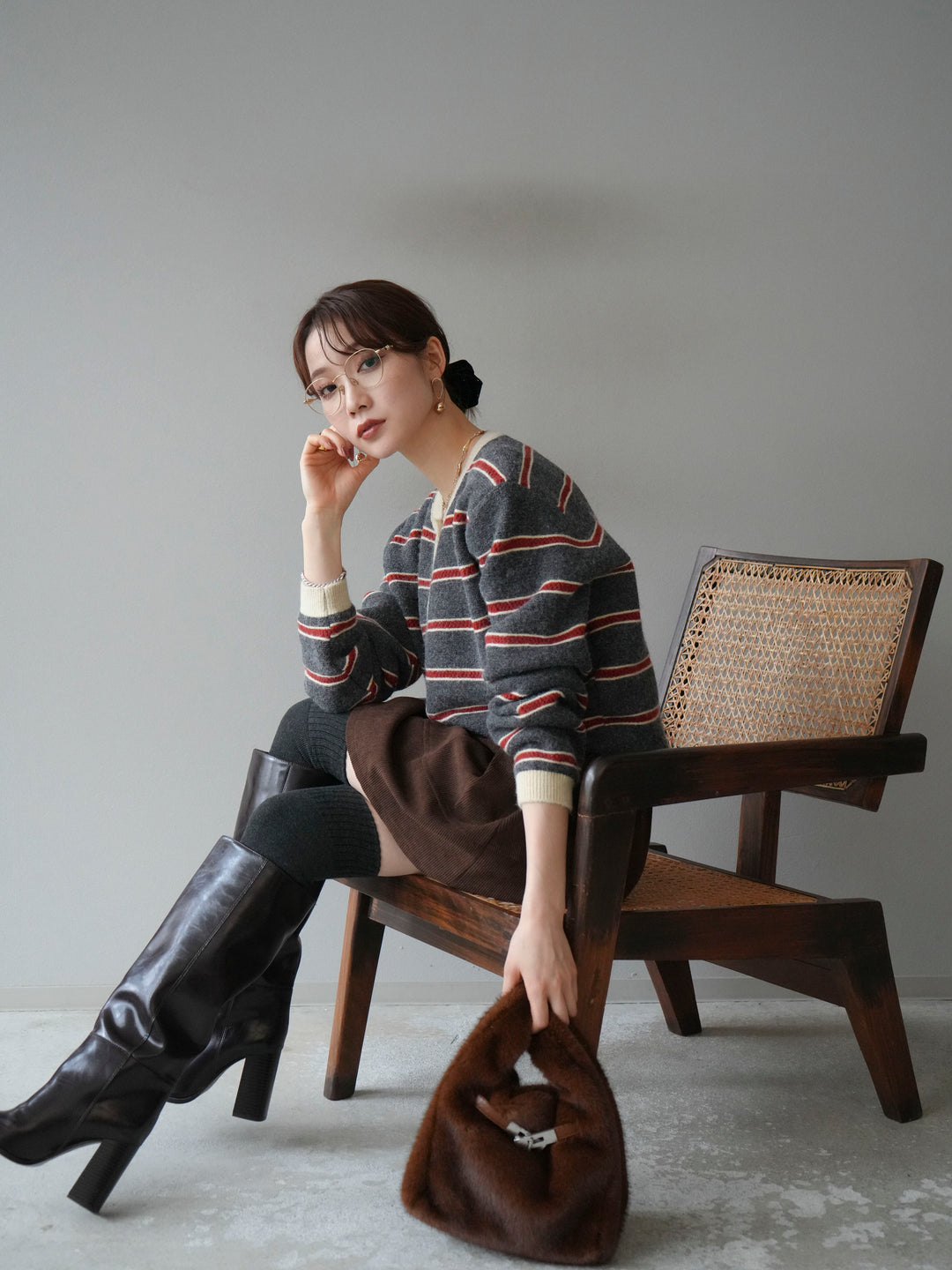 [予約]配色ボーダーニットカーディガン/gray