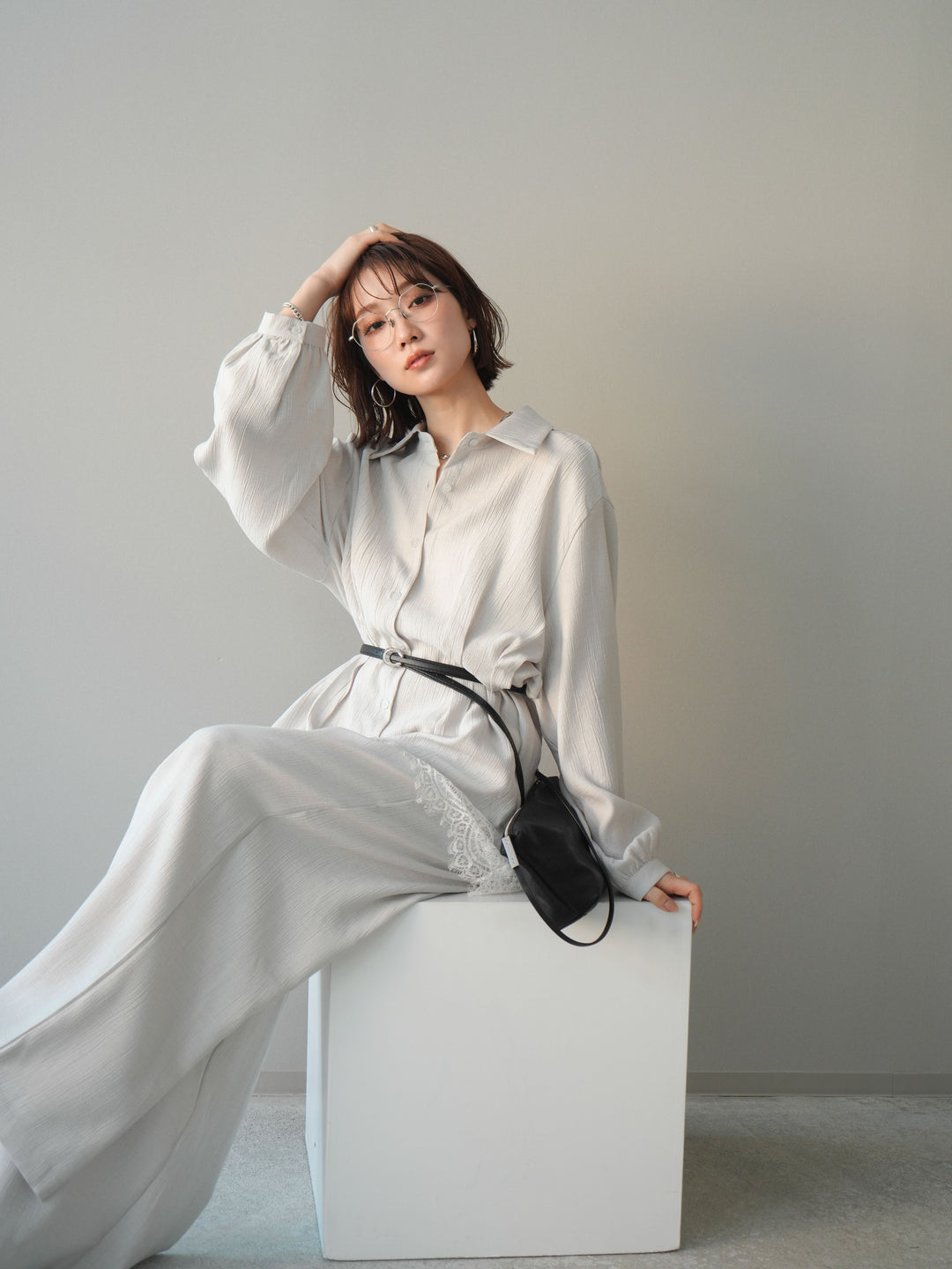 [SET]ベルト付ワッシャーウエストタックブラウス&ワイドパンツSET UP