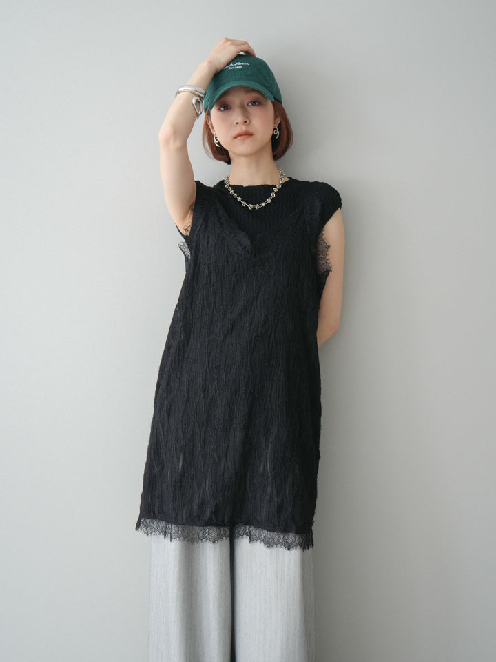 [予約]レース切替ジャガードニットロングキャミソール/black