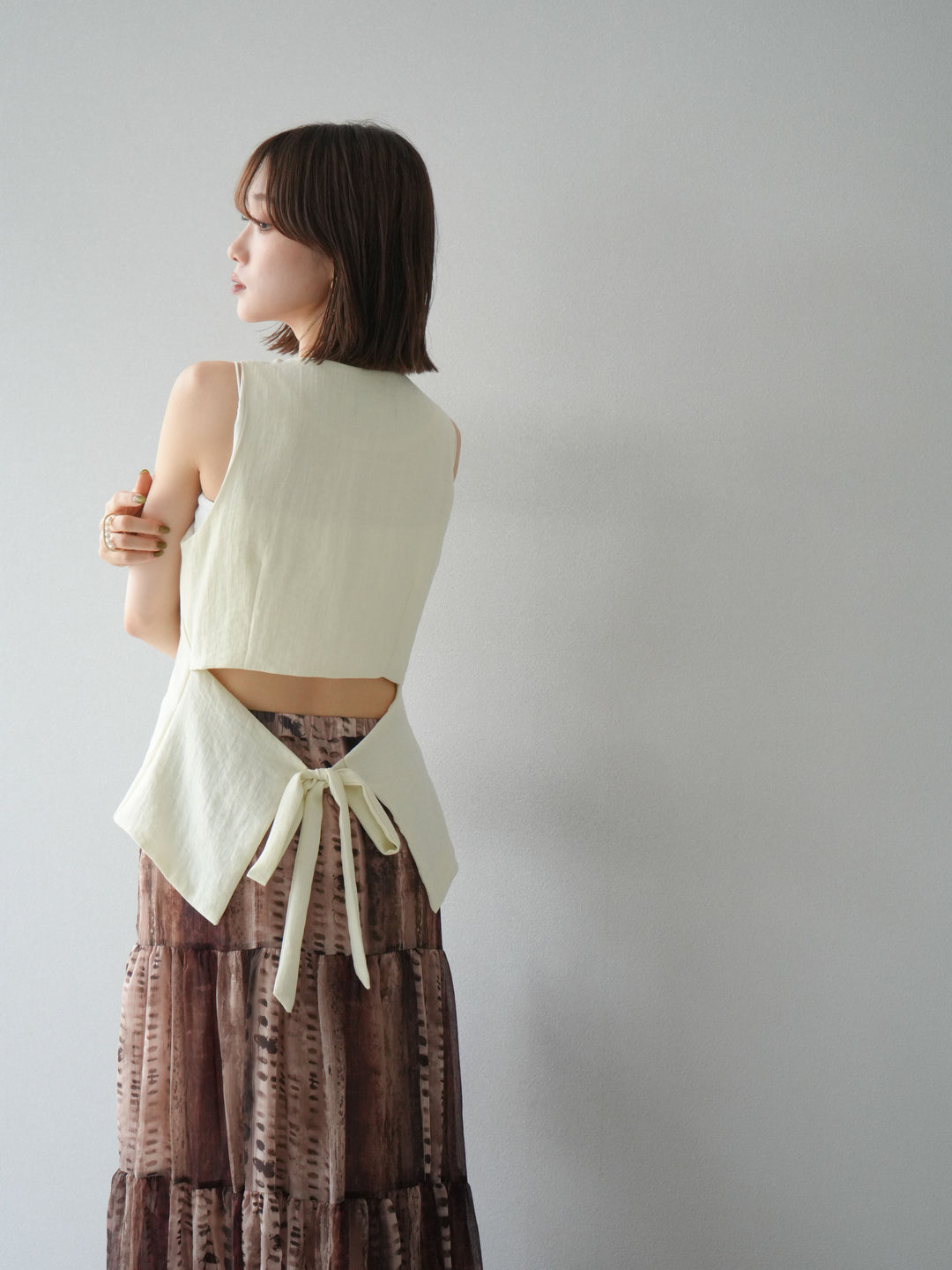 [SET]リネンタッチバックオープンベスト＆ニュアンス柄マキシスカートSET UP(2set)
