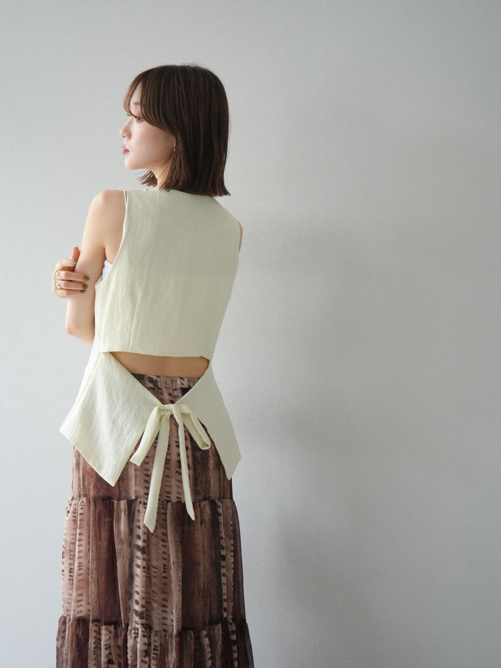 [SET]リネンタッチバックオープンベスト＆ニュアンス柄マキシスカートSET UP(2set)
