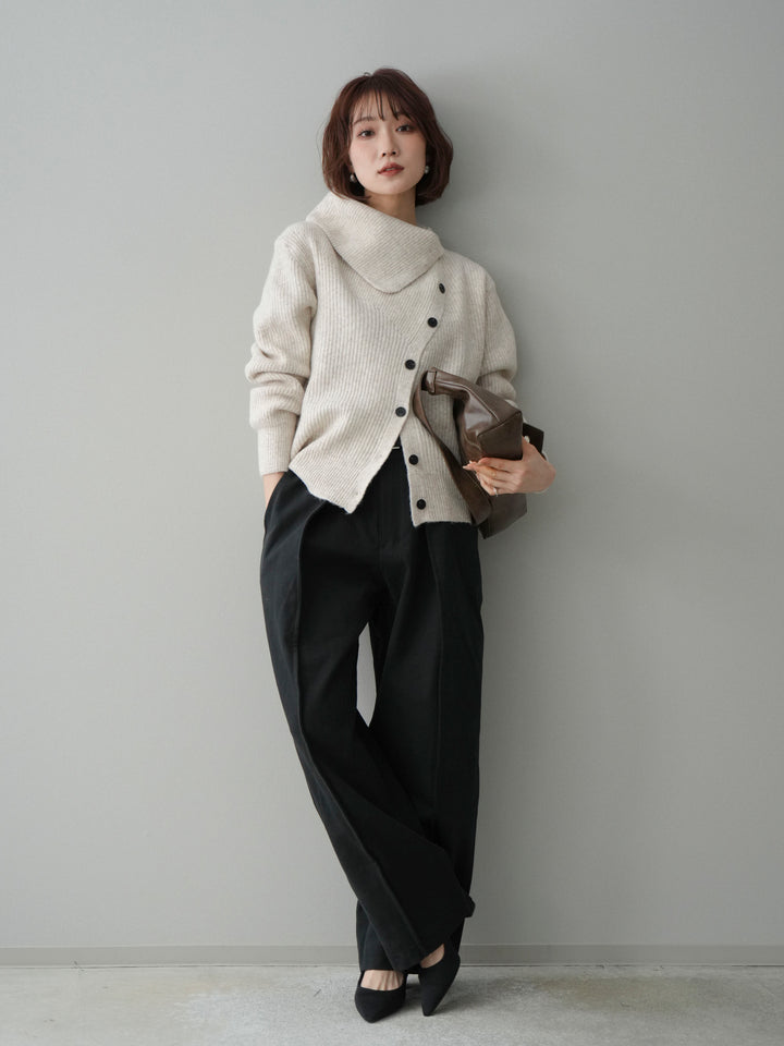 [SET]ハイネックデザインボタンニットカーディガン+コットンツイルカーブパンツ(2set)
