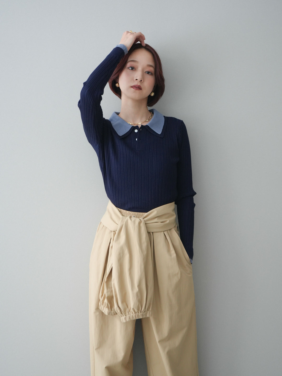 [SET]ダブル襟ポロリブニットトップス+選べるアクセセット(2set)