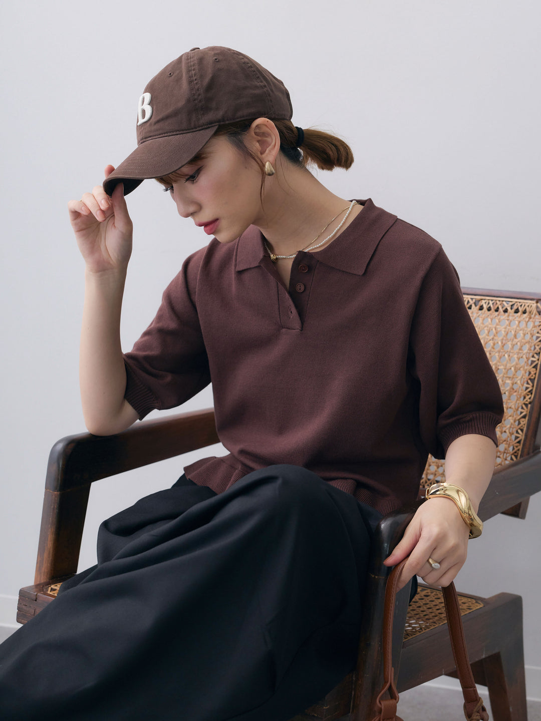[予約]クールタッチポロフリルニットプルオーバー/brown