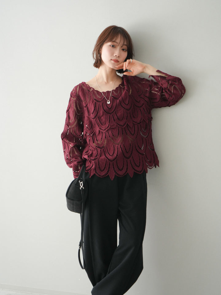 [予約]透かしコードレースブラウス/bordeaux