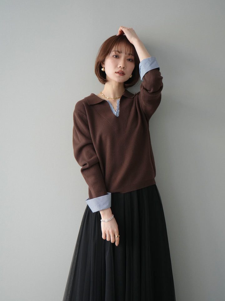[予約]シャツレイヤードスキッパーニットプルオーバー/brown