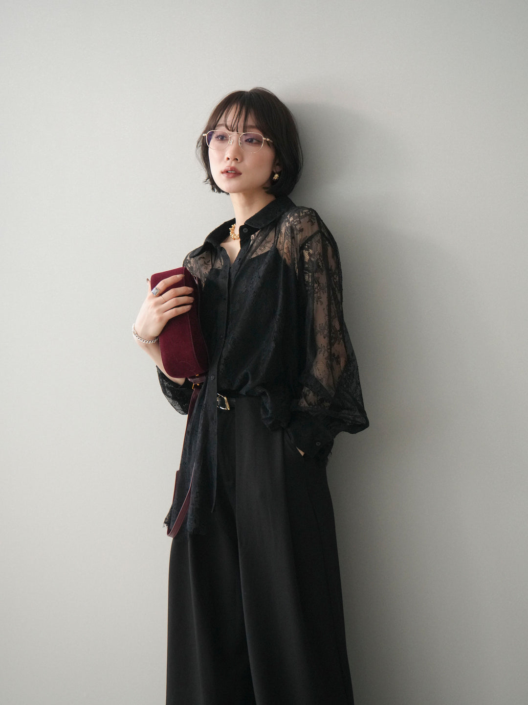 [SET]総レースボリュームスリーブシャツ+選べるアクセセット(2set)