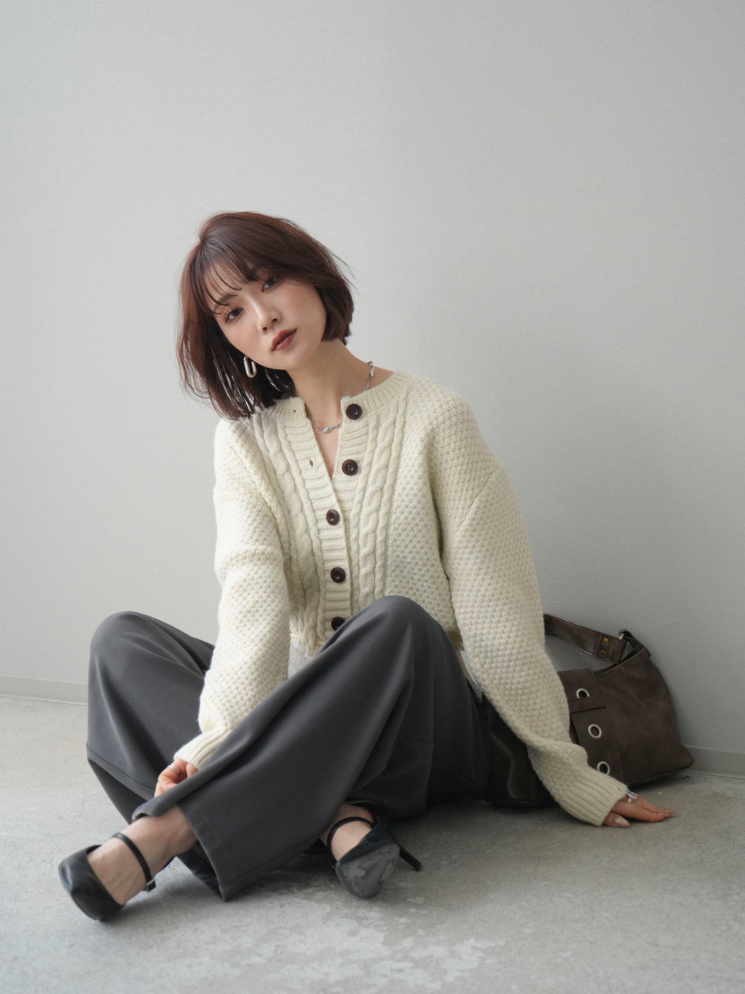 [SET]裾レースケーブルニットカーディガン+ベルトループデザインワイドパンツ(2set)